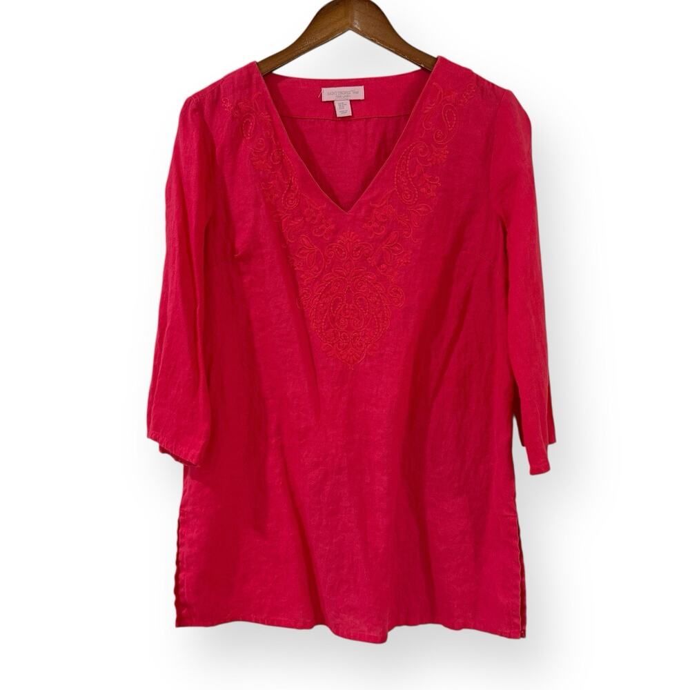 Saint Tropez West Embroidered Linen Tunic Top M V-Neck Lagenlook Coastal Beach